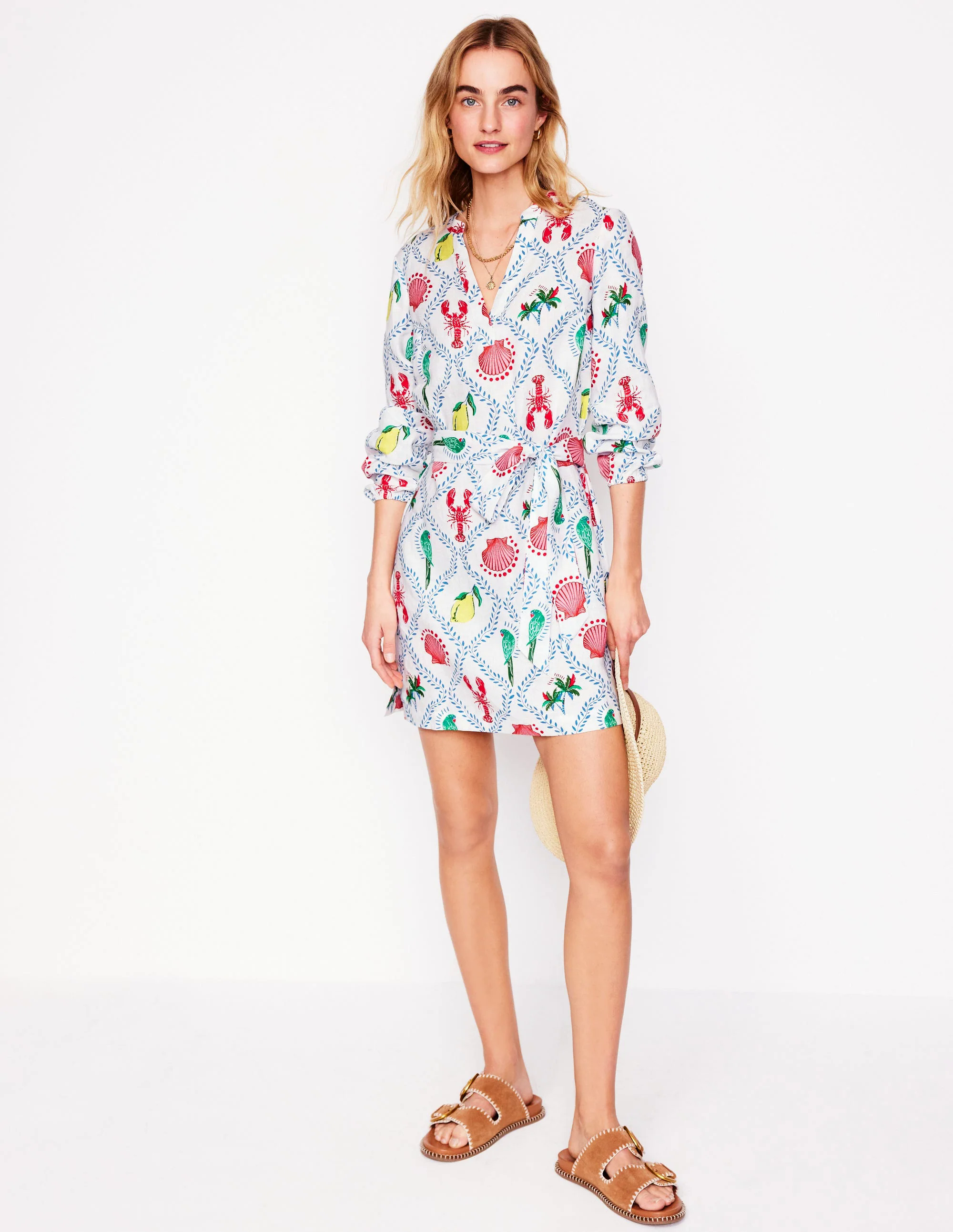  Linen Tie Waist Dress-Ivory, Tropical Bonanza Vine