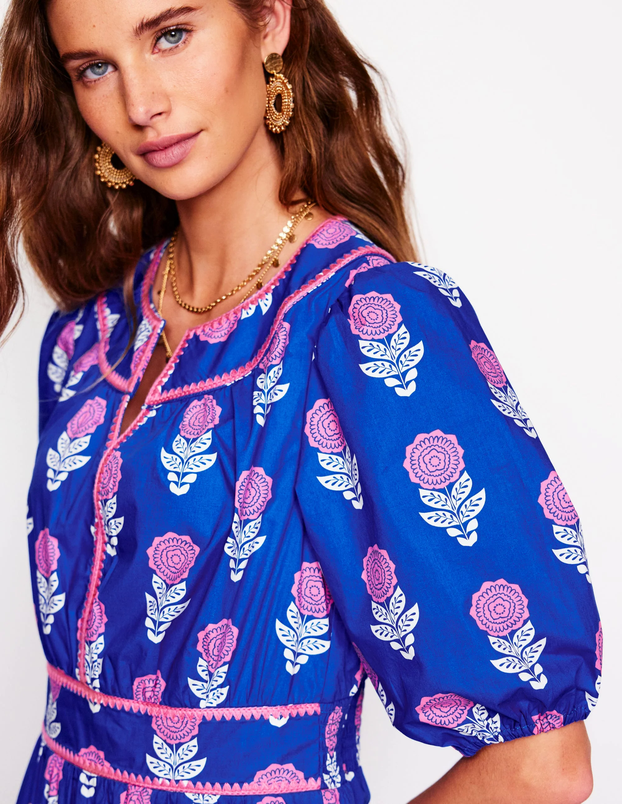  Embroidered Midi Dress-Gallery Blue, Dahlia Sprig