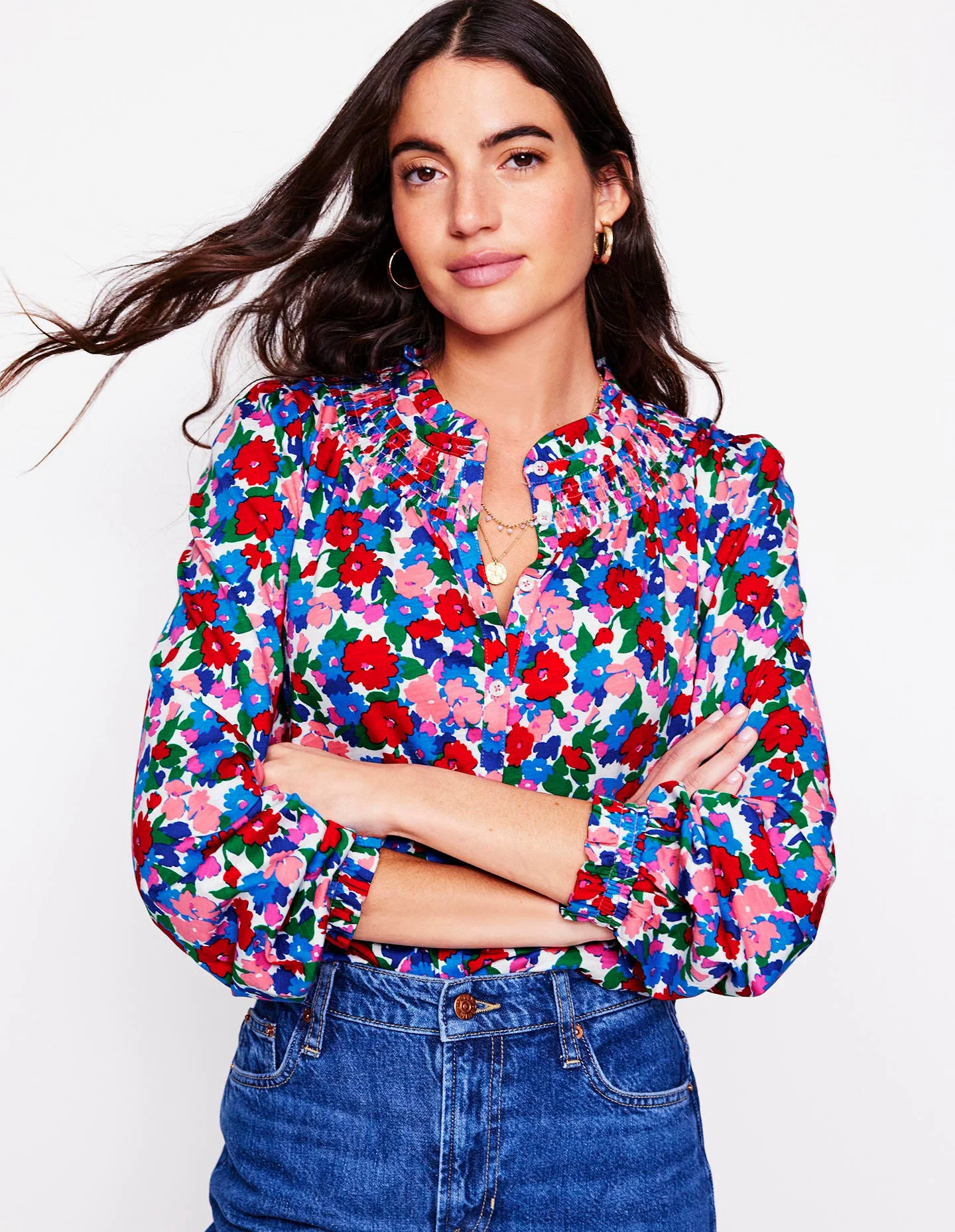 Smocked Jersey Shirt-Multi, Painterly Meadow