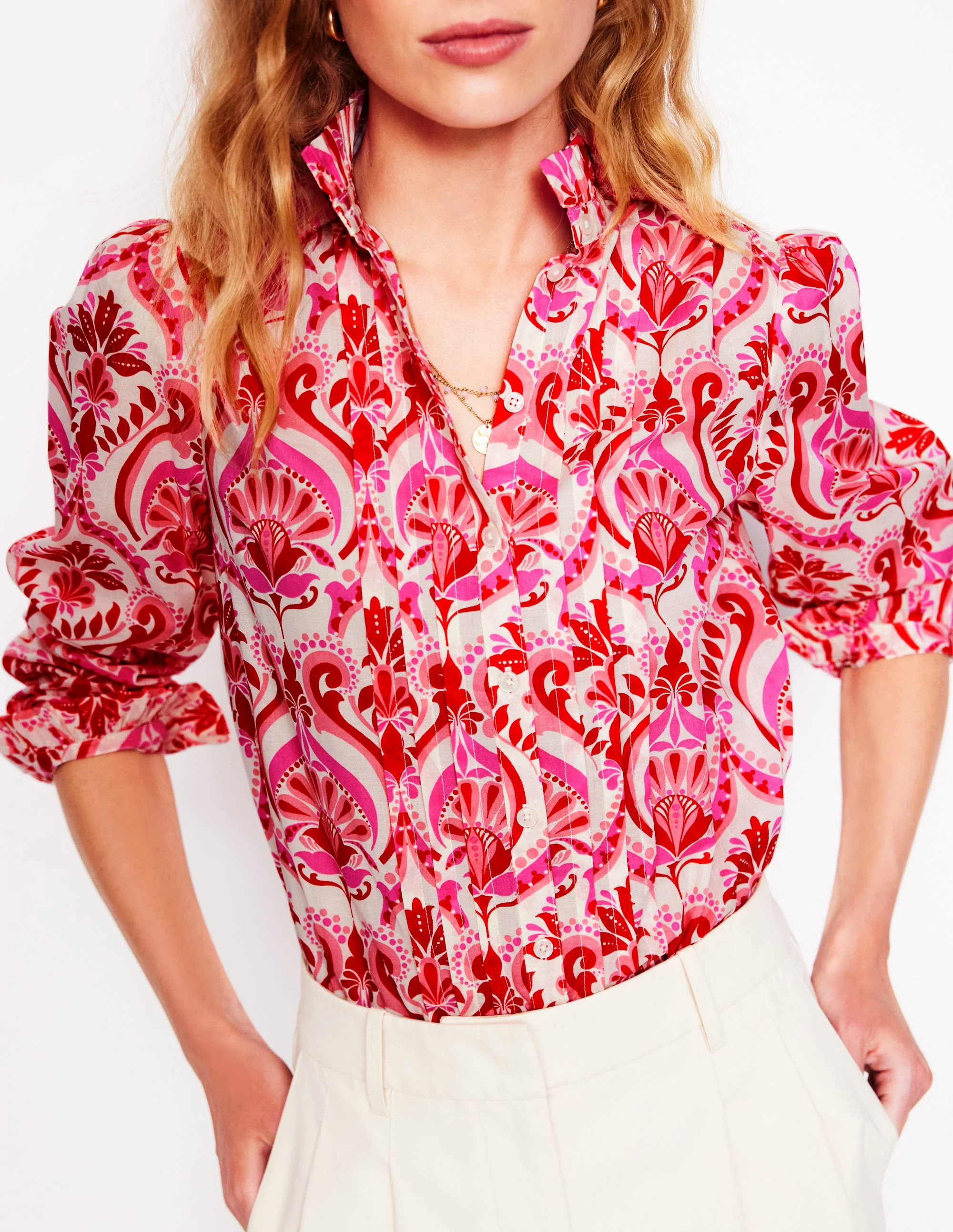 Felicity Cotton Blouse-Poppy Red, Ornamental Floral Felicity Cotton Blouse-Poppy Red, Ornamental Floral
