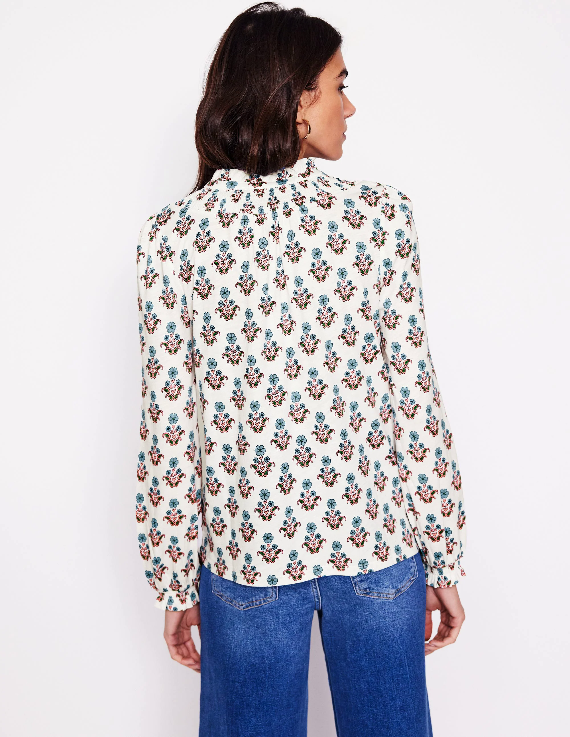  Smocked Jersey Shirt-Ivory Pansy Stamp