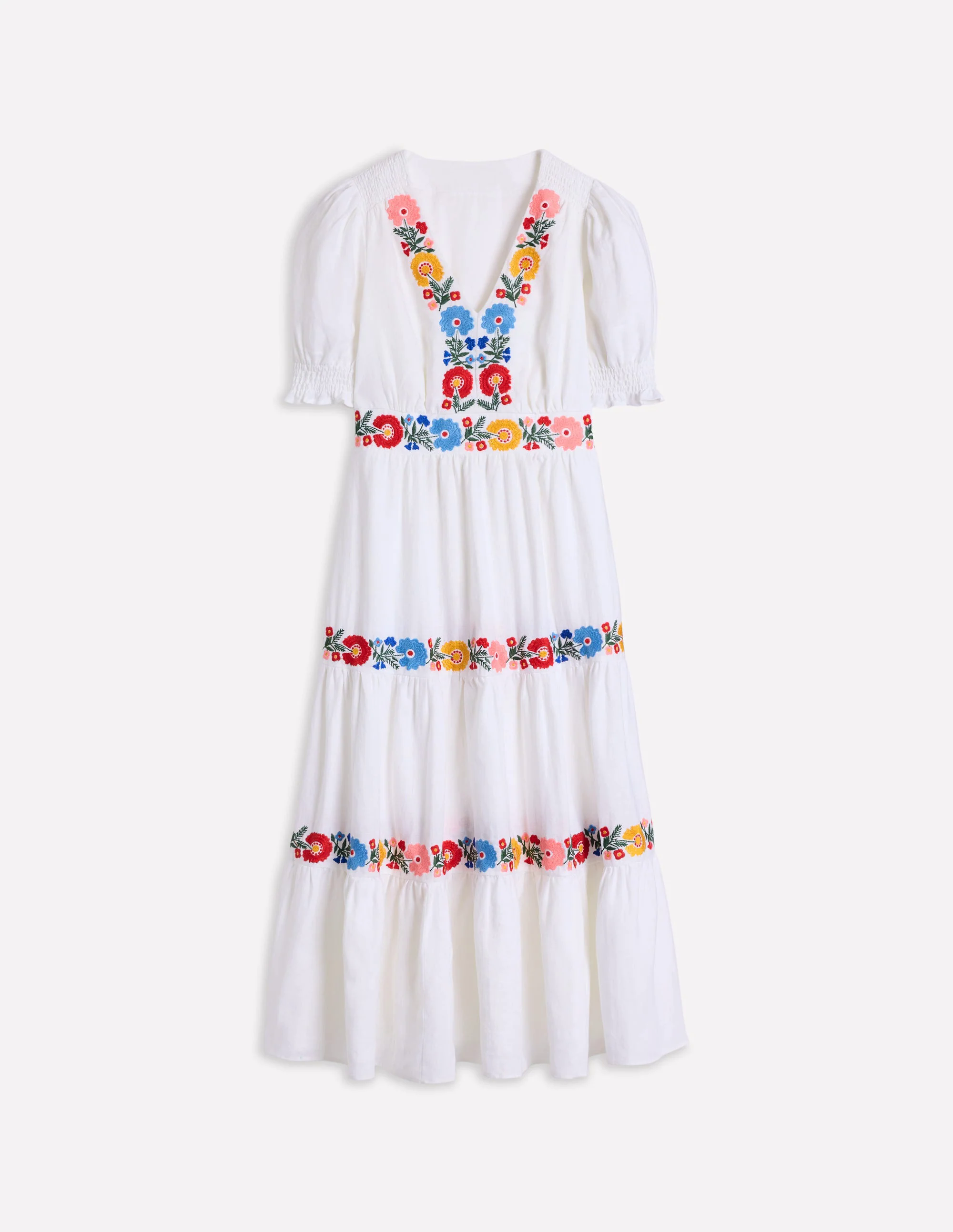  Linen Tiered Midi Dress-White, Multi Embroidery