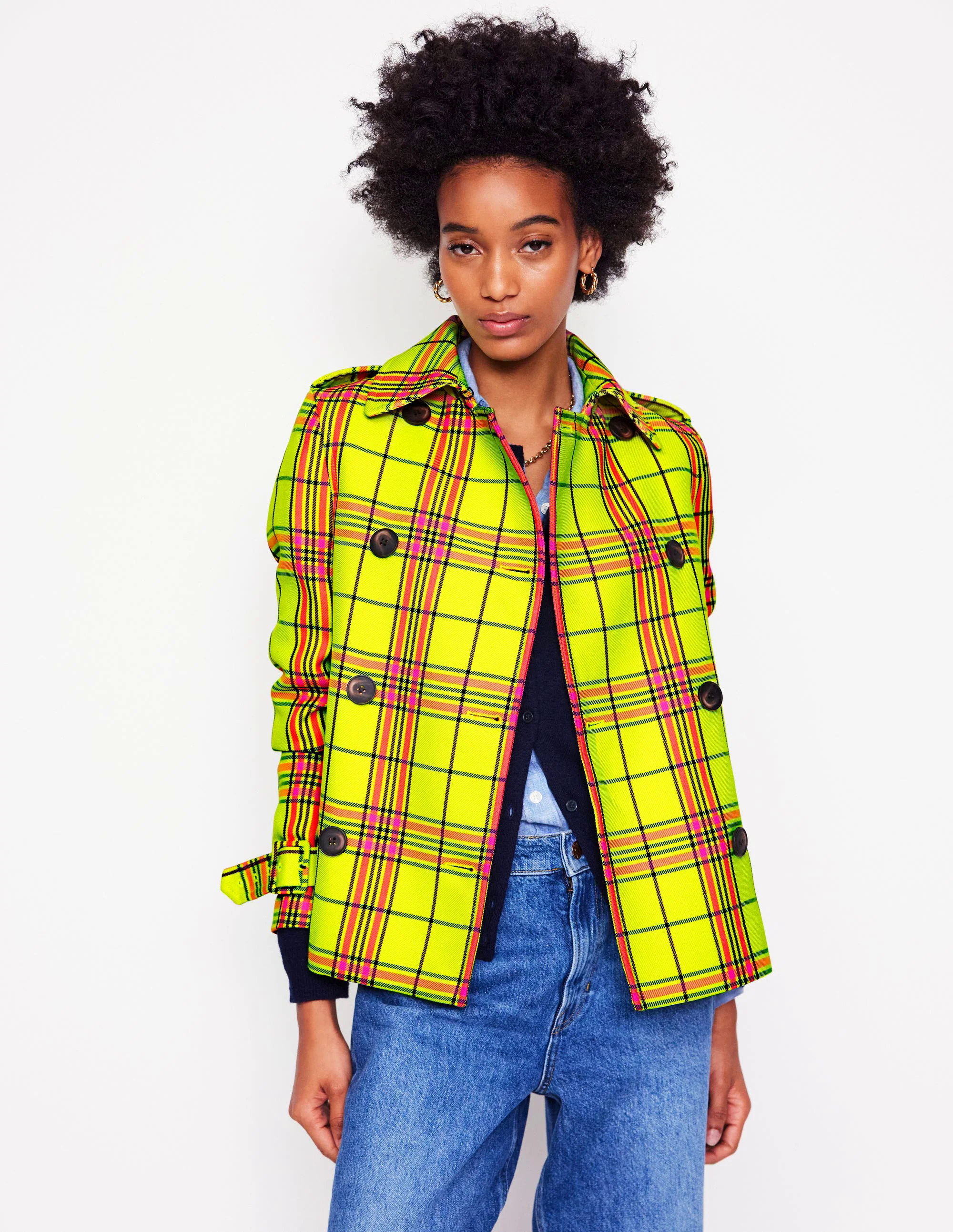  Cropped Trench-Neon Yellow Check