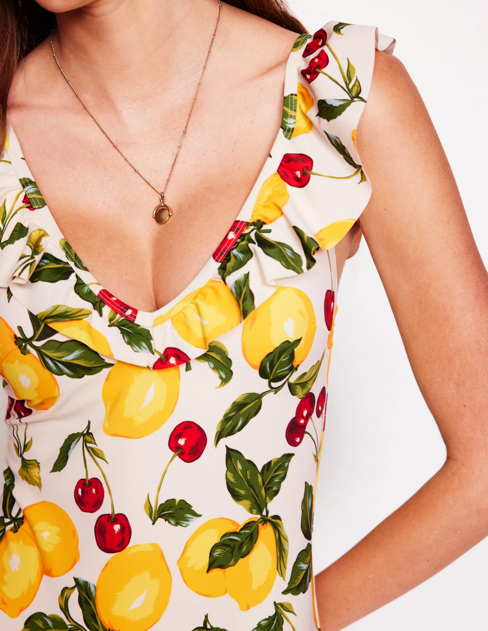 Evia Ruffle Swimsuit-Ivory, Cherries and Lemons