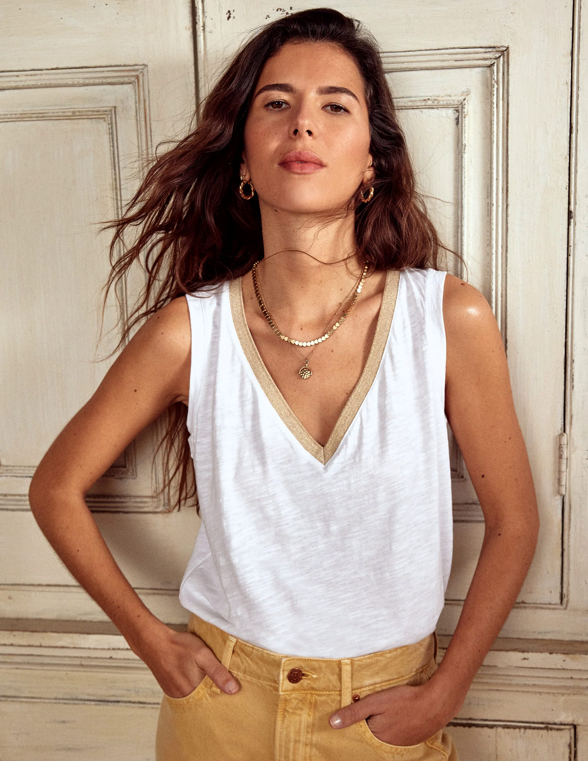 Metallic Trim V Neck Vest-White Metallic Trim V Neck Vest-White
