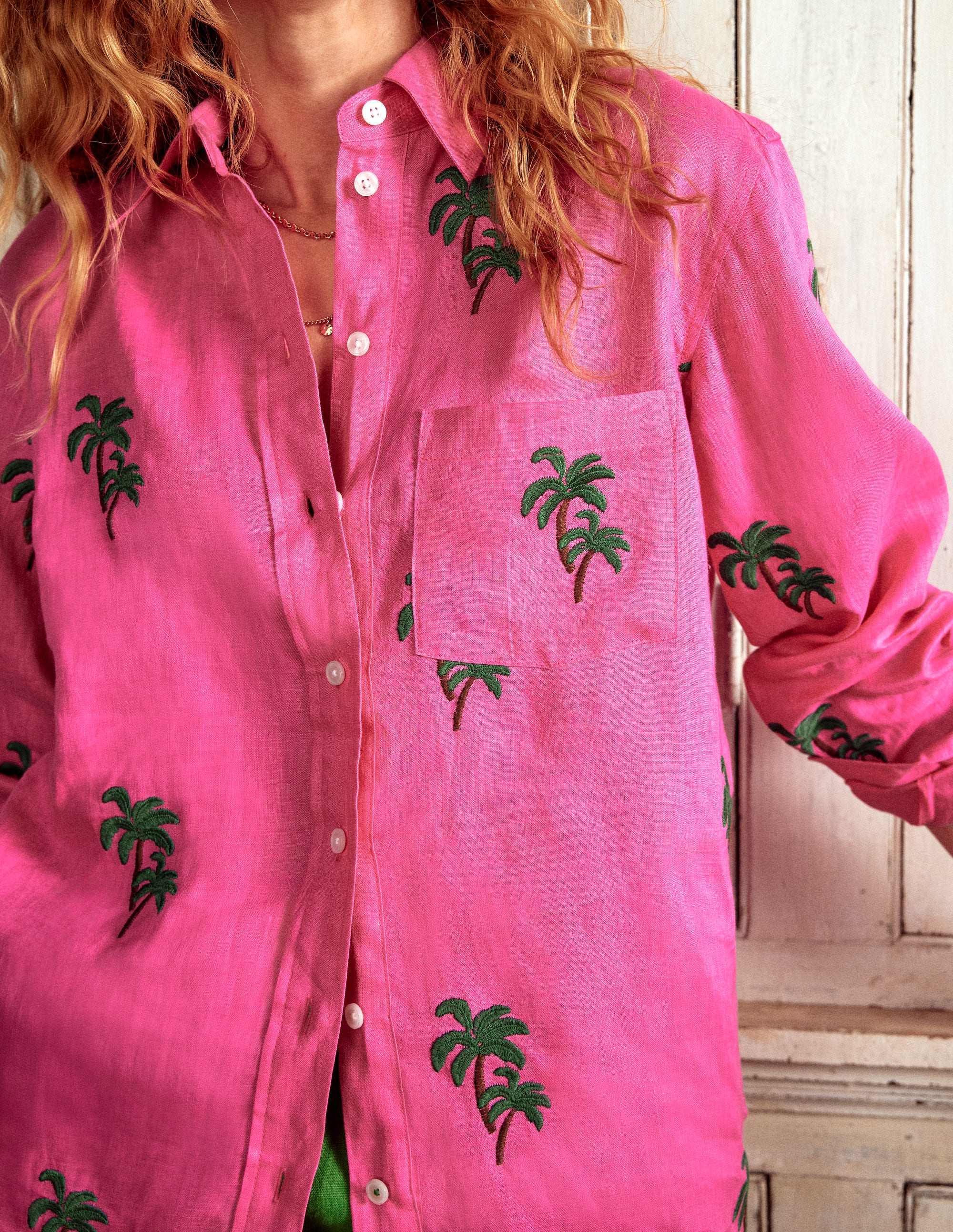  Relaxed Linen Shirt-Sorbet Pink, Palm Tree