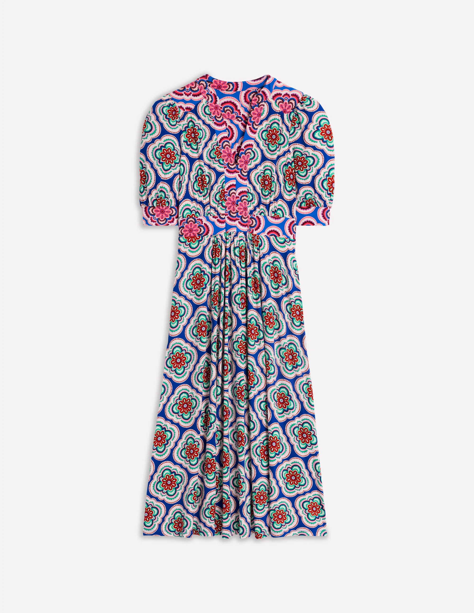 Lily Jersey Midi Tea Dress-Bright Blue, Botanic Blush Lily Jersey Midi Tea Dress-Bright Blue, Botanic Blush