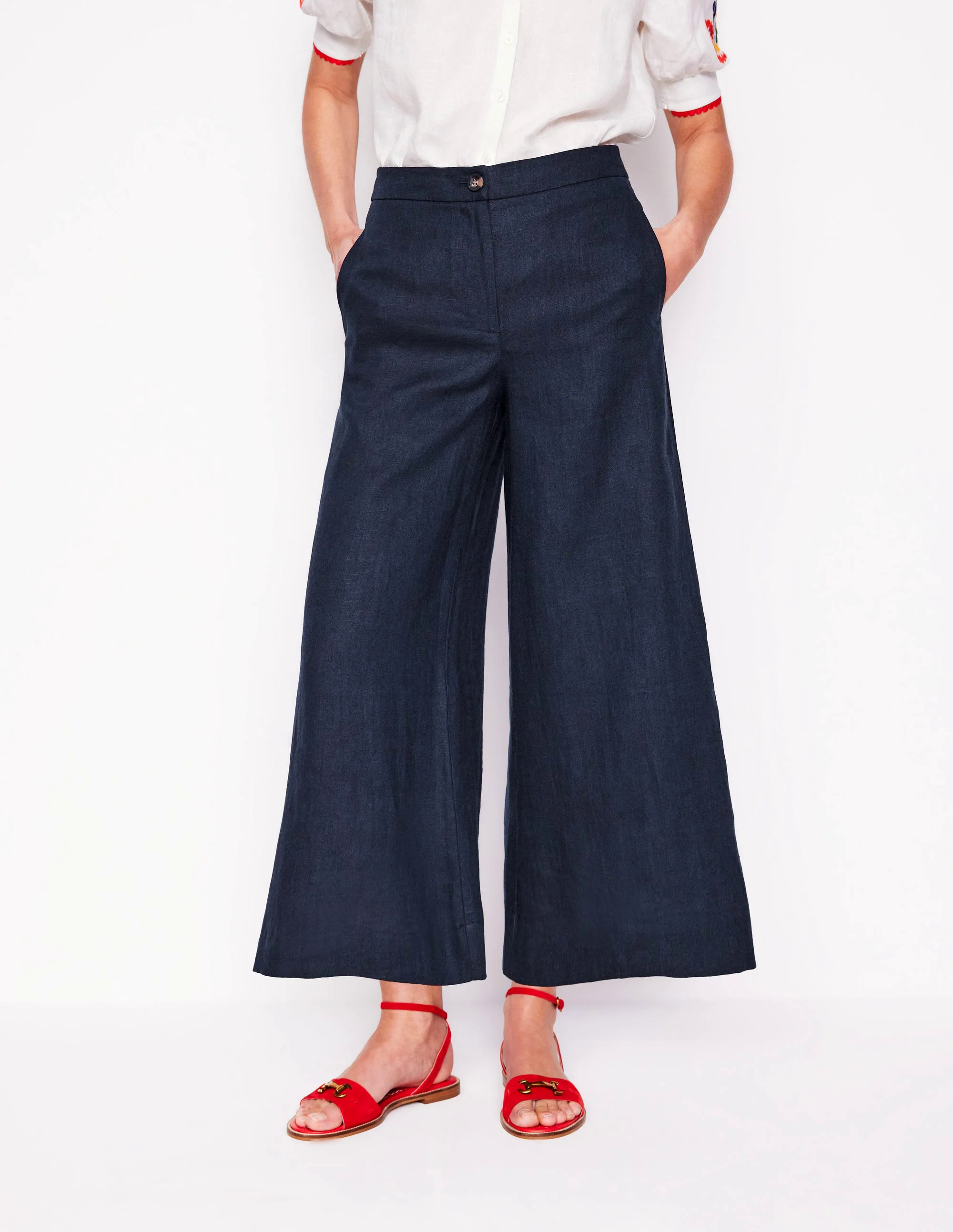 Wide Crop Linen Pants-Navy Wide Crop Linen Pants-Navy