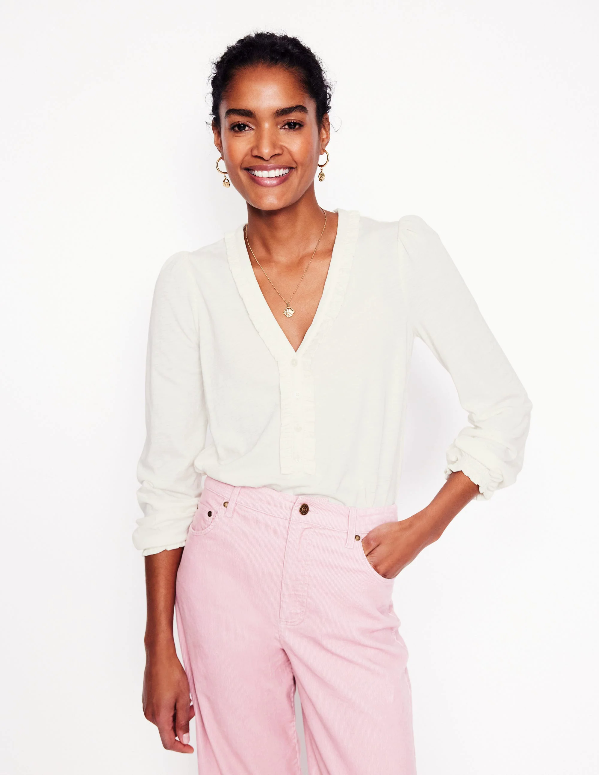  Ruffled Henley Top-Ivory