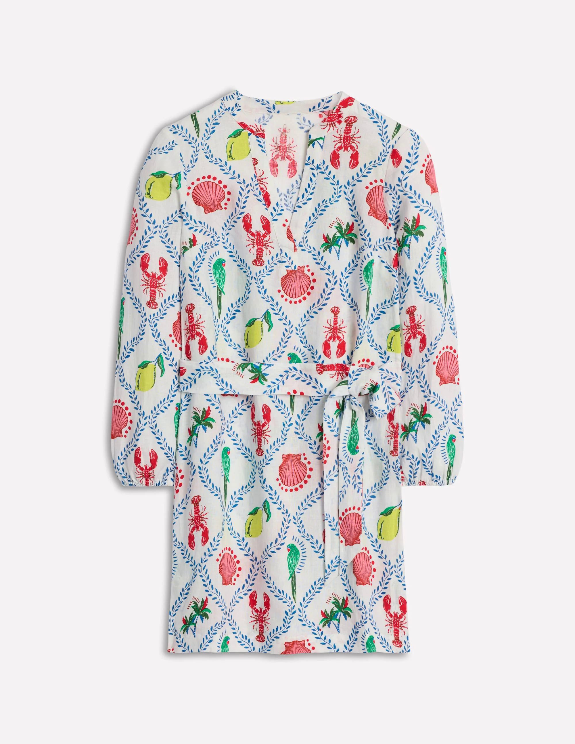  Linen Tie Waist Dress-Ivory, Tropical Bonanza Vine
