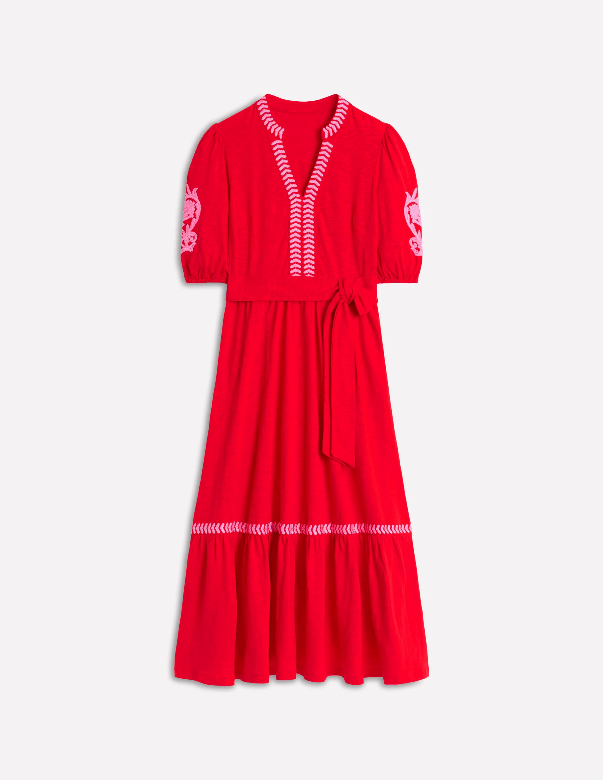  Embroidered Jersey Dress-Poppy Red, Pink Peony