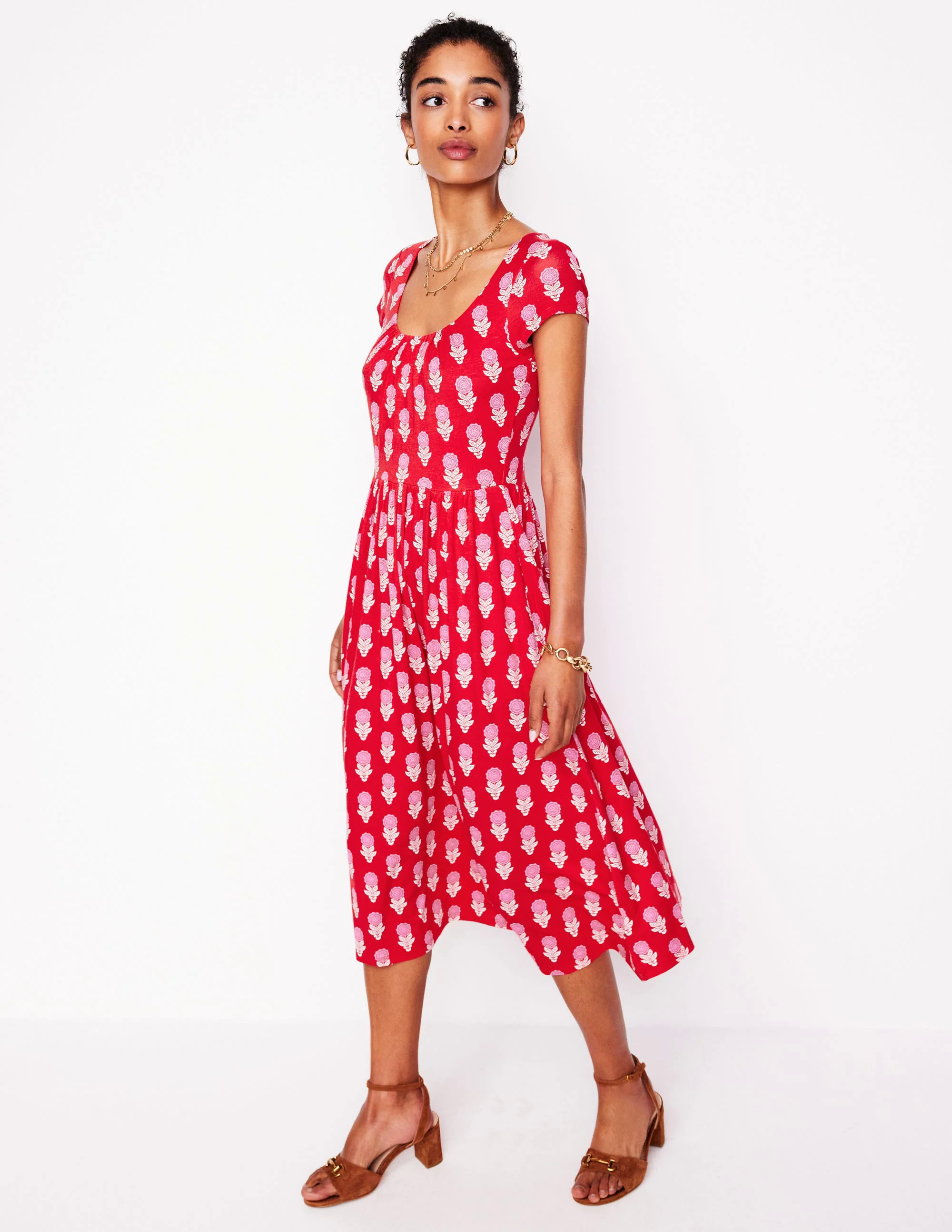  Jersey Dress-Poppy Red, Dahlia Sprig