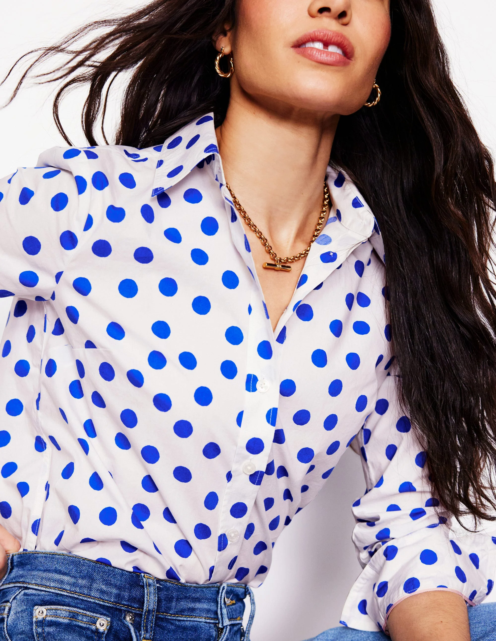  Cotton Shirt-Ivory, Blue Abstract Dot