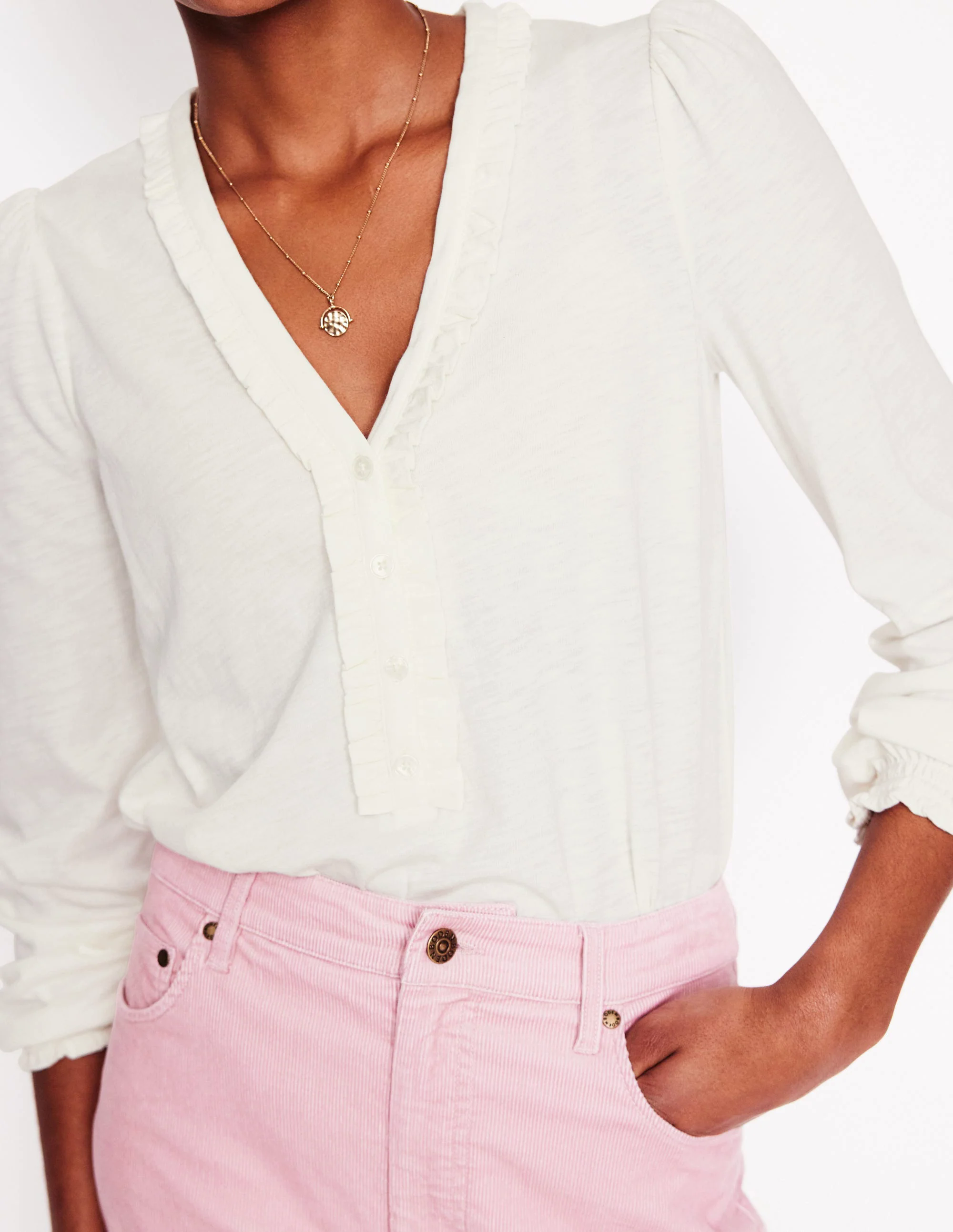  Ruffled Henley Top-Ivory