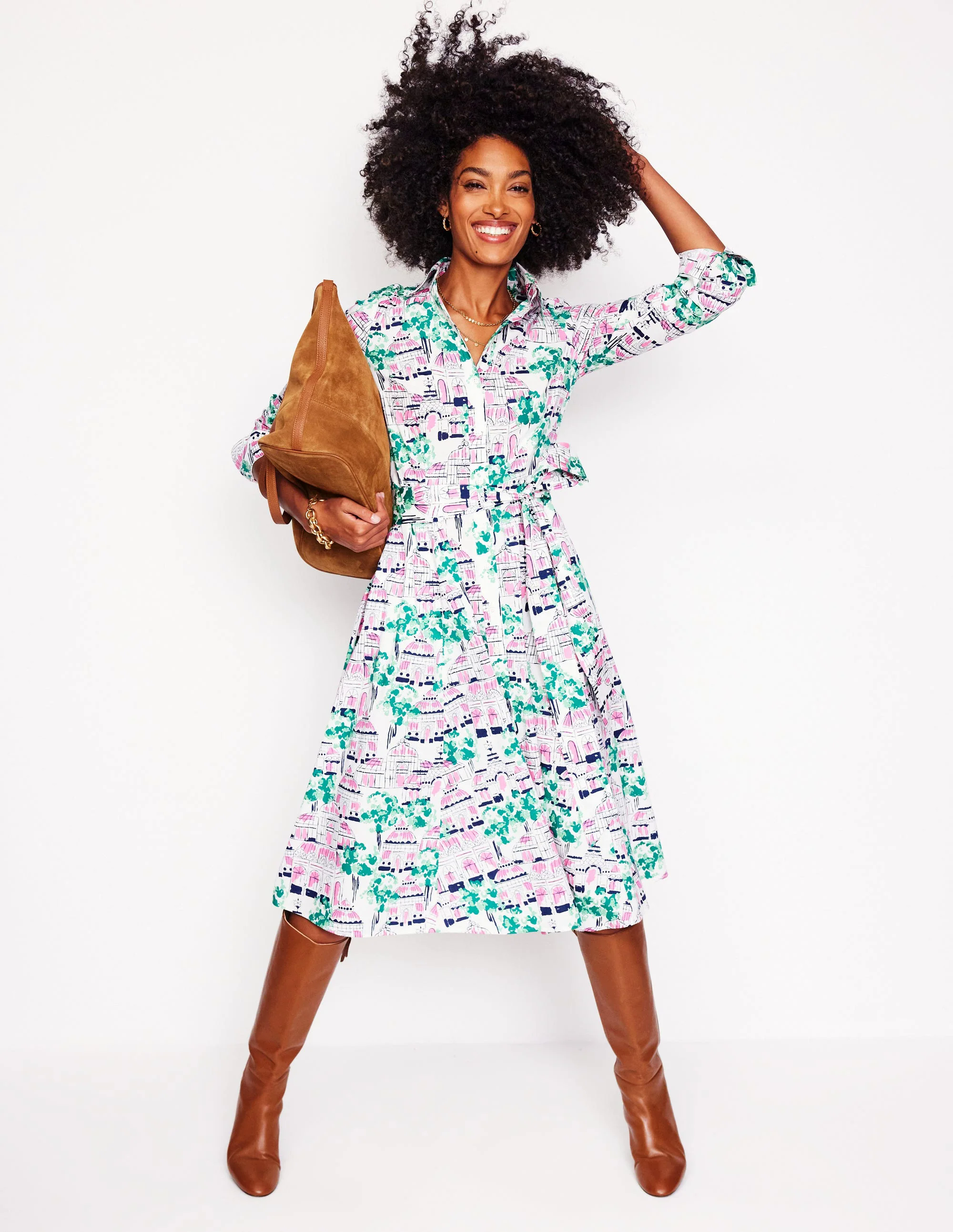  Cotton Midi Shirt Dress-Ivory, Botanical Greenhouse