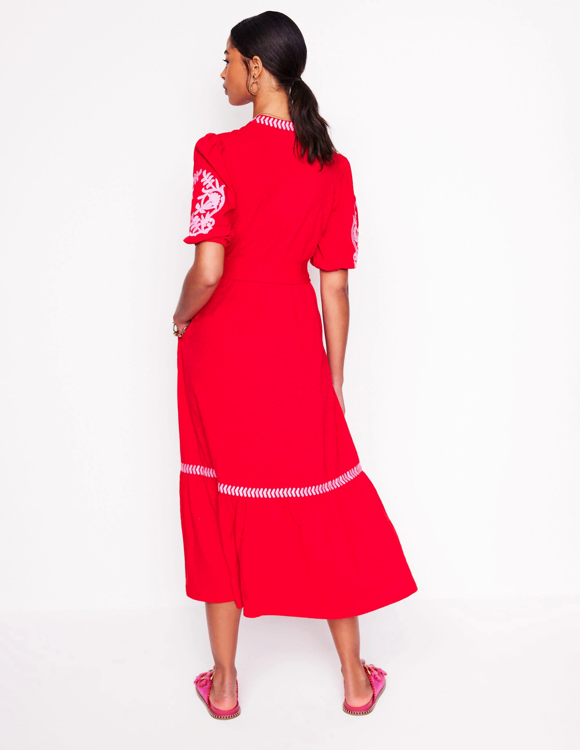  Embroidered Jersey Dress-Poppy Red, Pink Peony