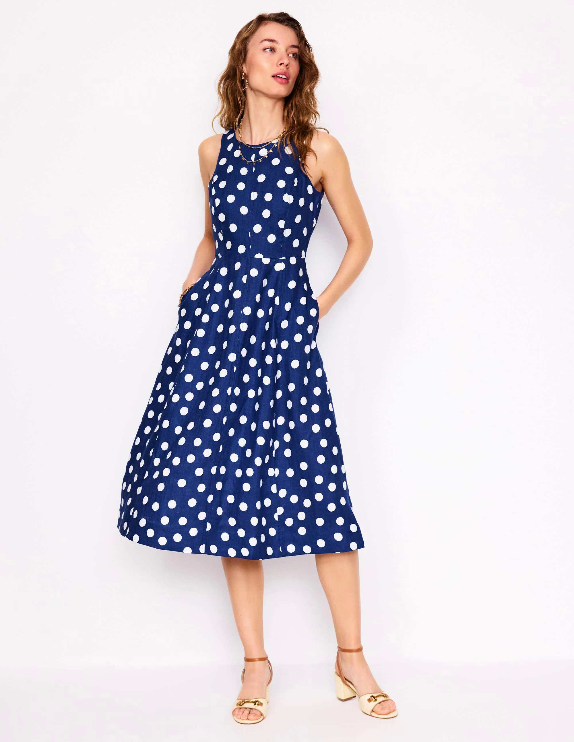 Linen Midi Dress-Starboard Blue, Painted Dot