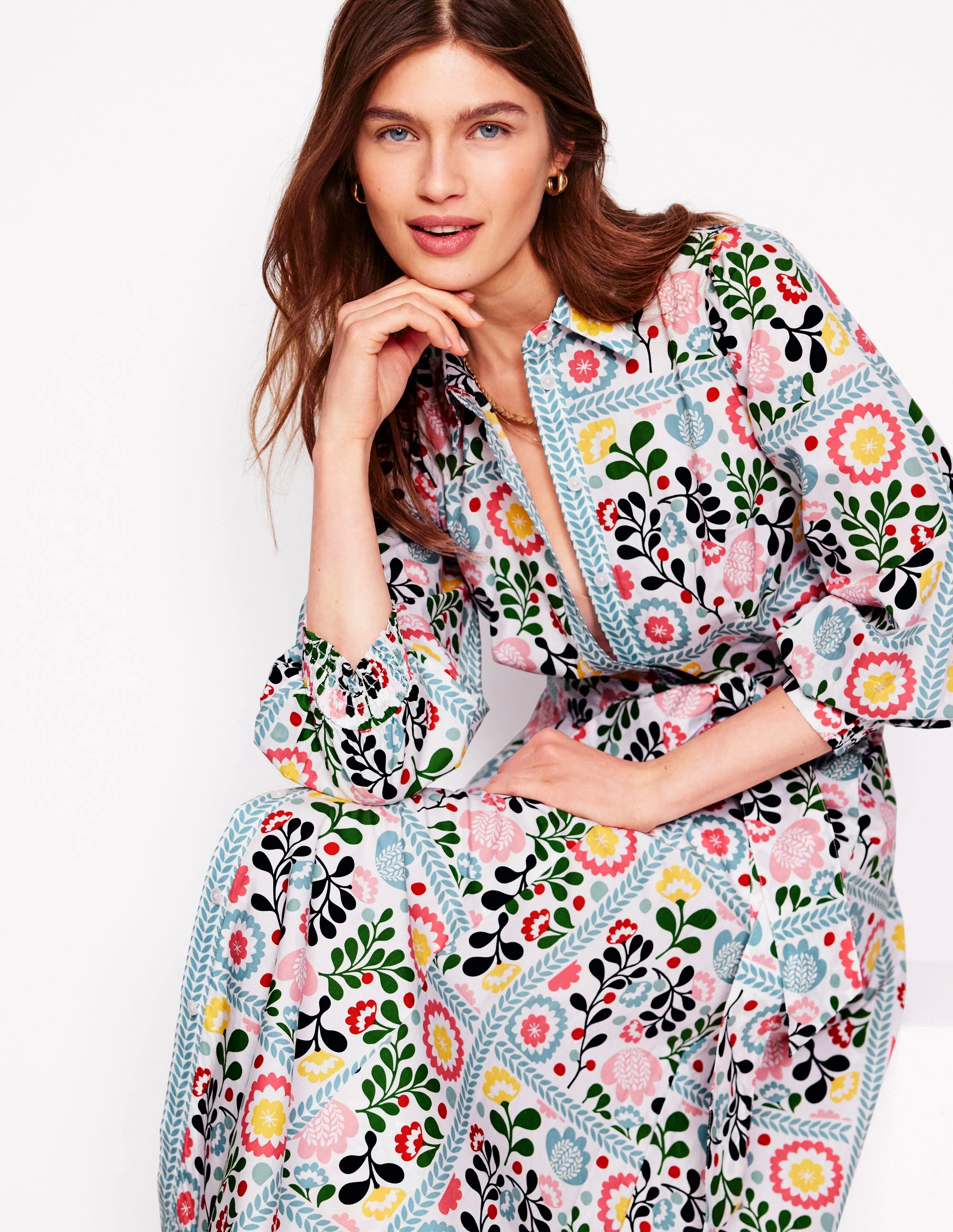  Cotton Shirt Dress-Multi, Walled Garden