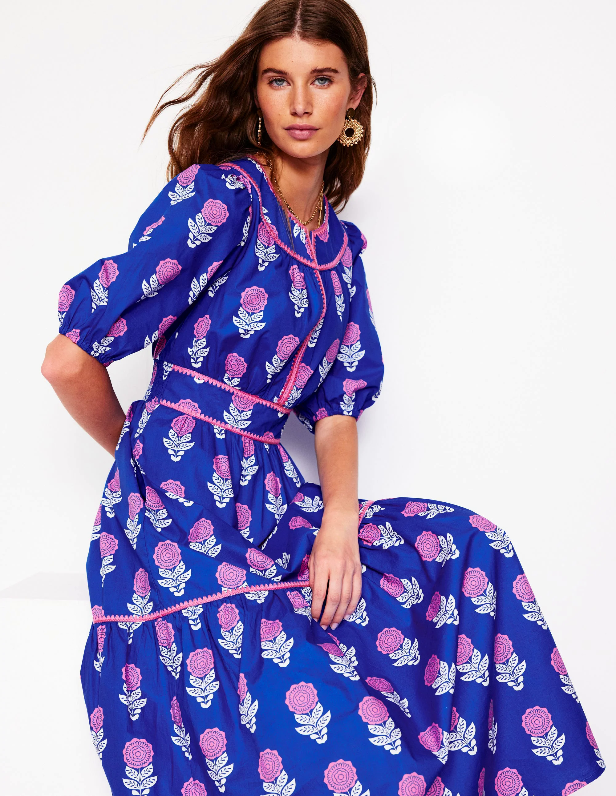  Embroidered Midi Dress-Gallery Blue, Dahlia Sprig