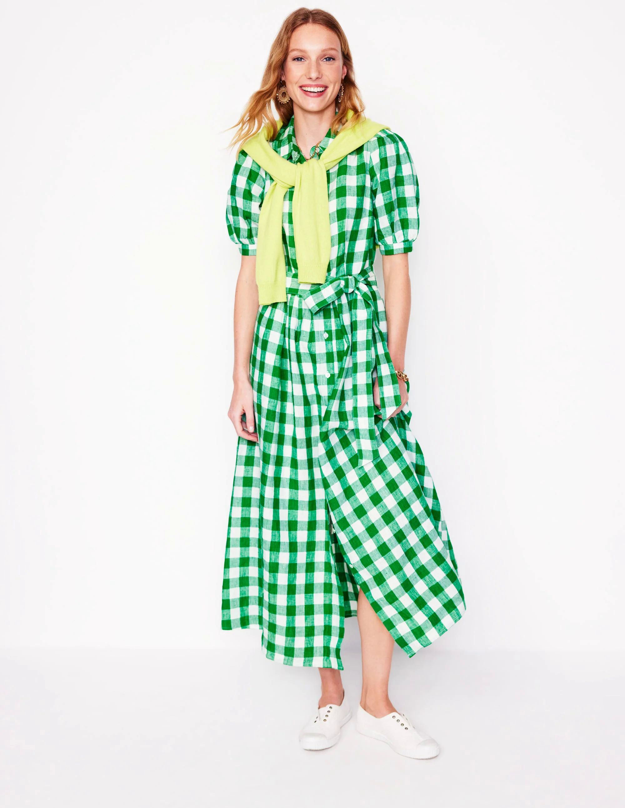  Linen Maxi Shirt Dress-Rich Emerald Gingham