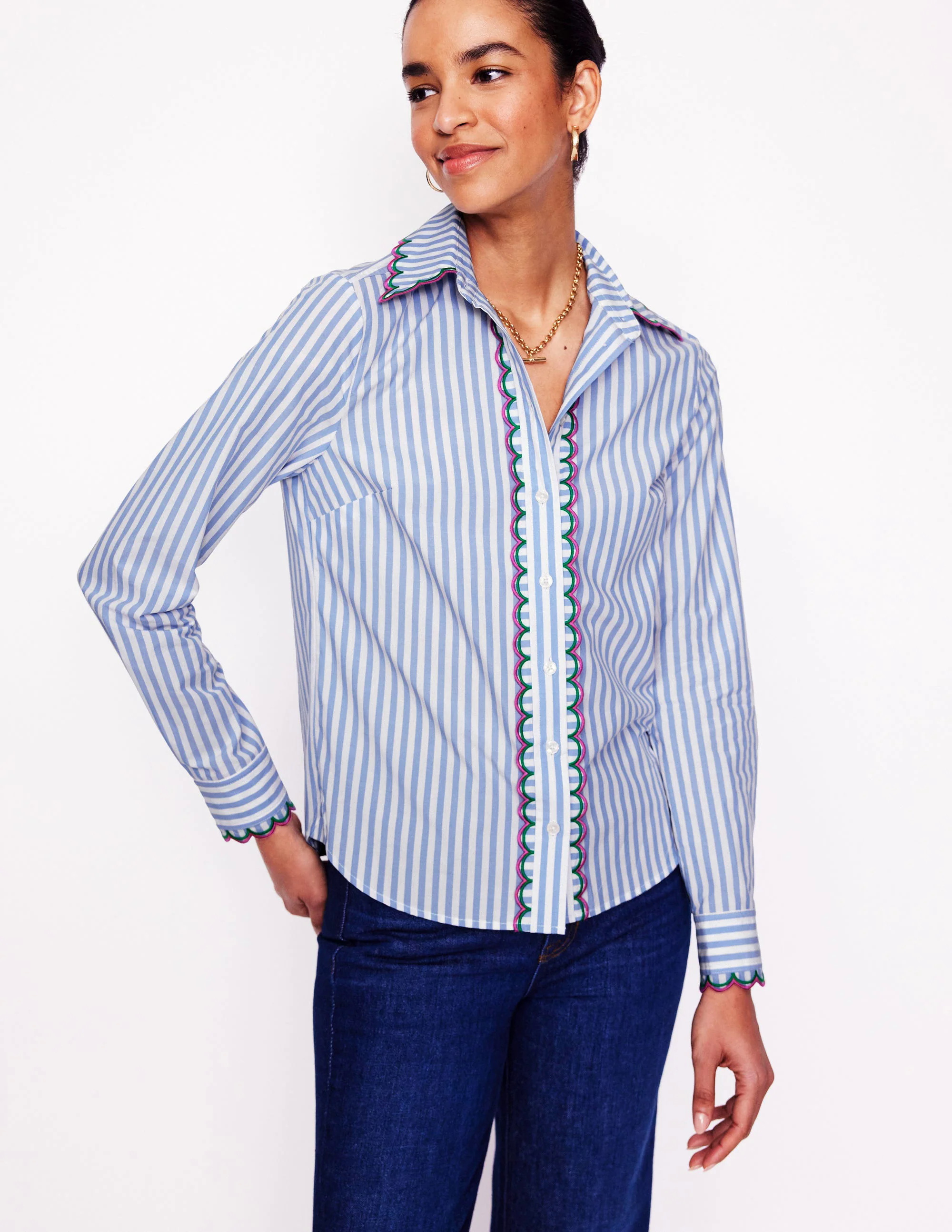 Interest Cotton Shirt-Multi, Blue and Ivory Stripe