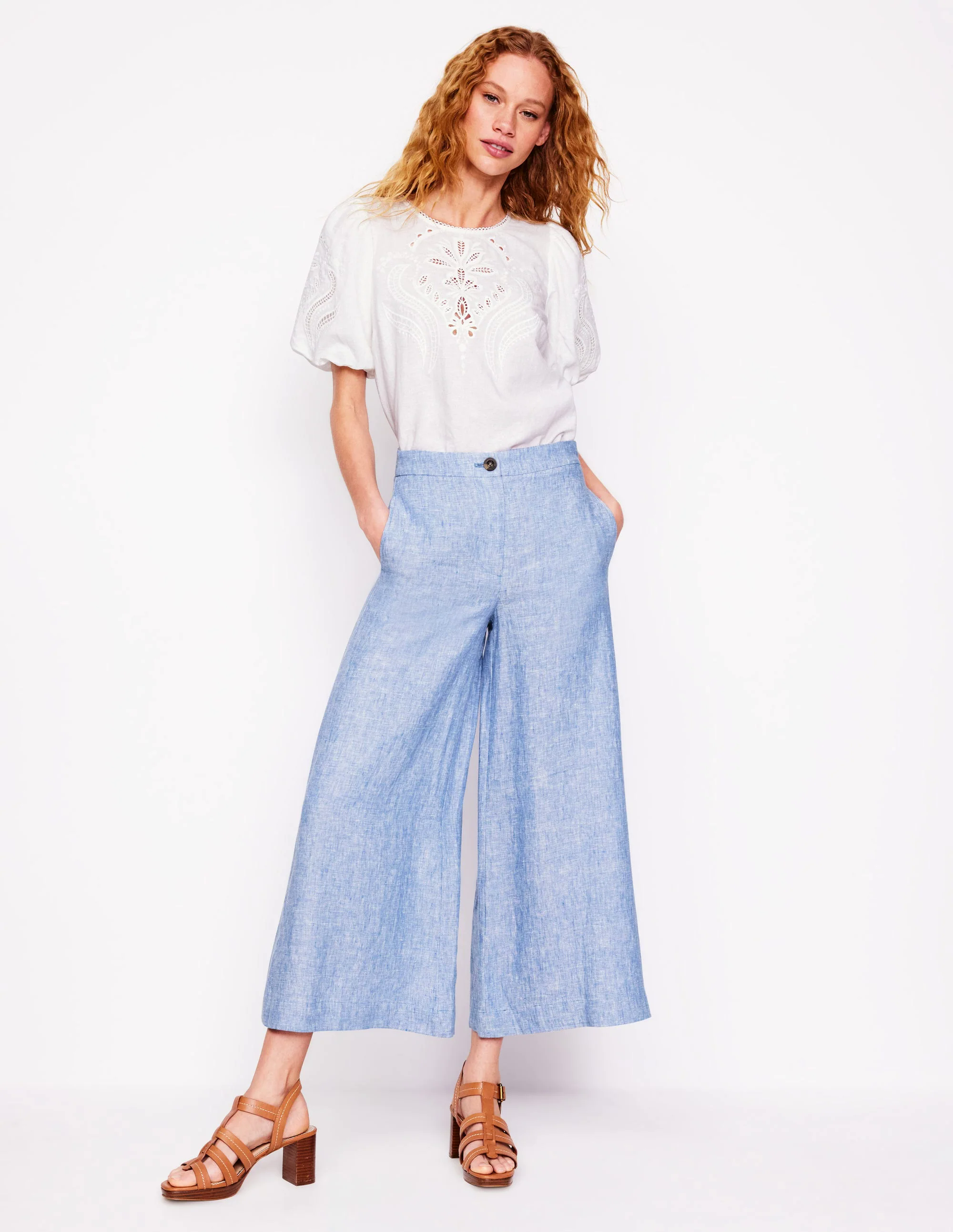 Wide Crop Linen Pants-Grey Blue Chambray Wide Crop Linen Pants-Grey Blue Chambray