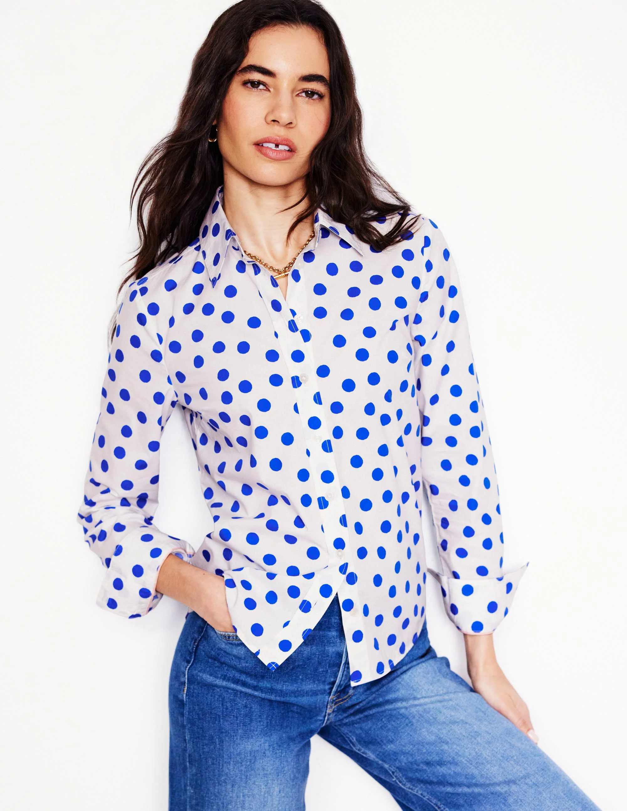  Cotton Shirt-Ivory, Blue Abstract Dot