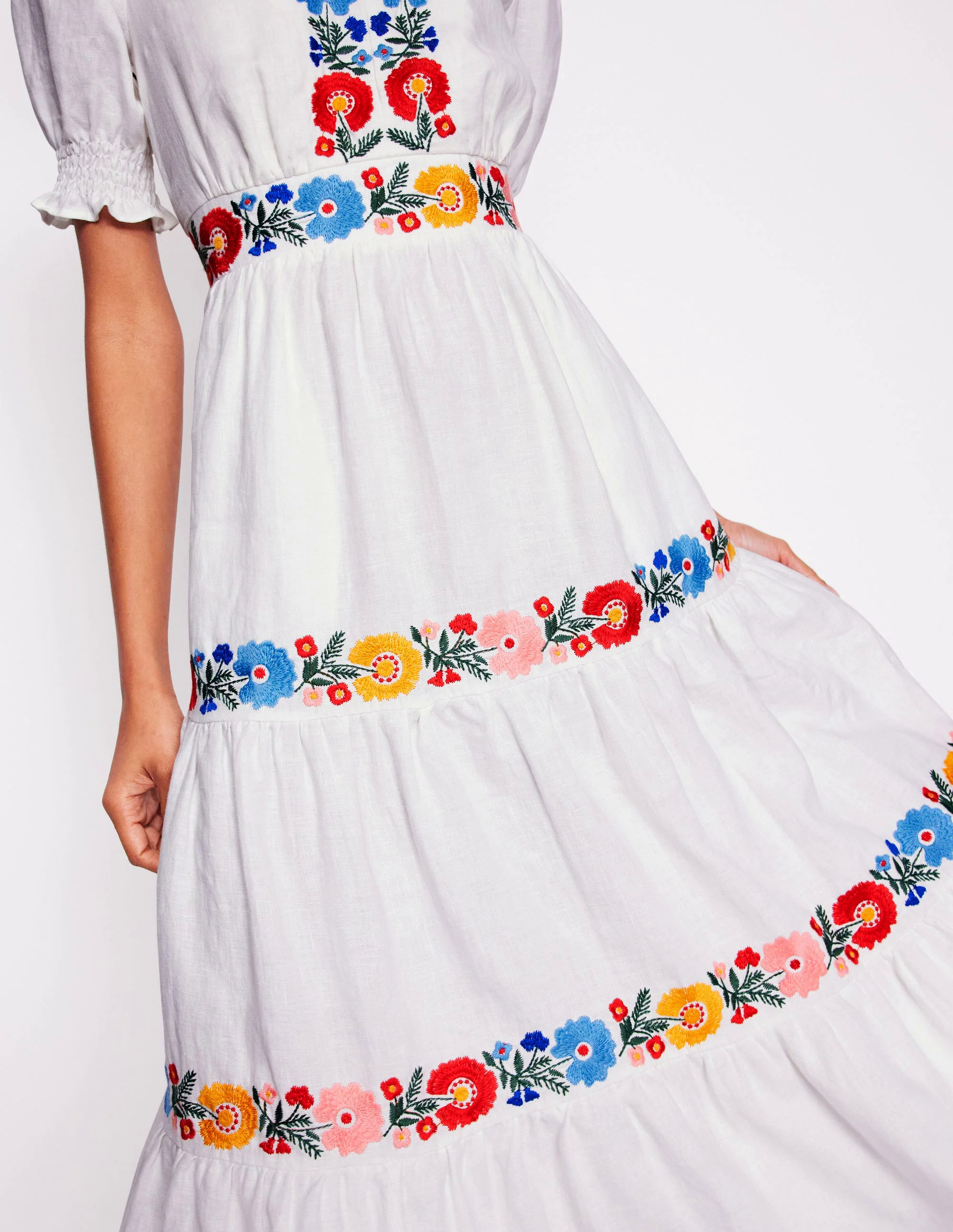  Linen Tiered Midi Dress-White, Multi Embroidery