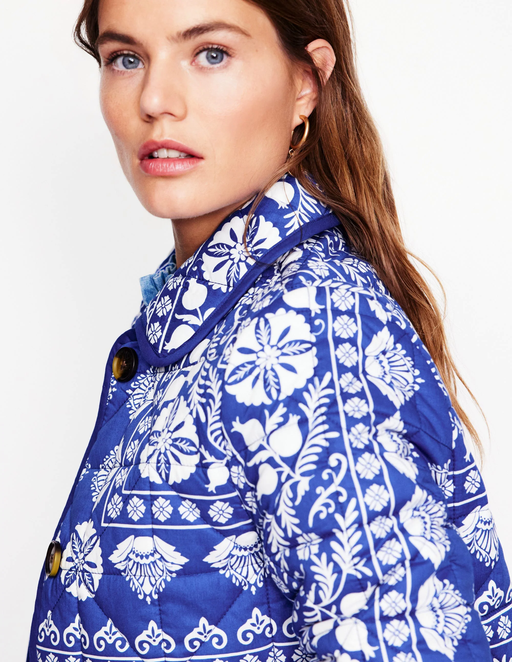 Soft Quilted Coat-Bright Blue, Ornate Border Soft Quilted Coat-Bright Blue, Ornate Border