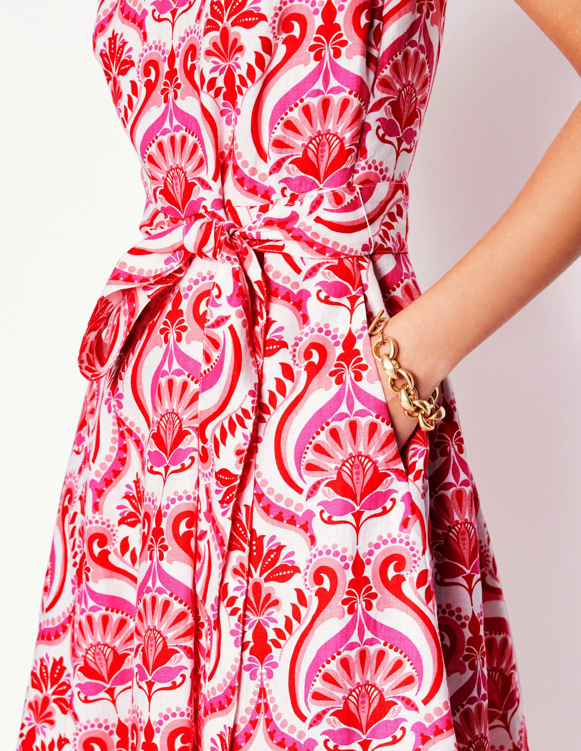  Sleeveless Linen Dress-Poppy Red, Ornamental Floral