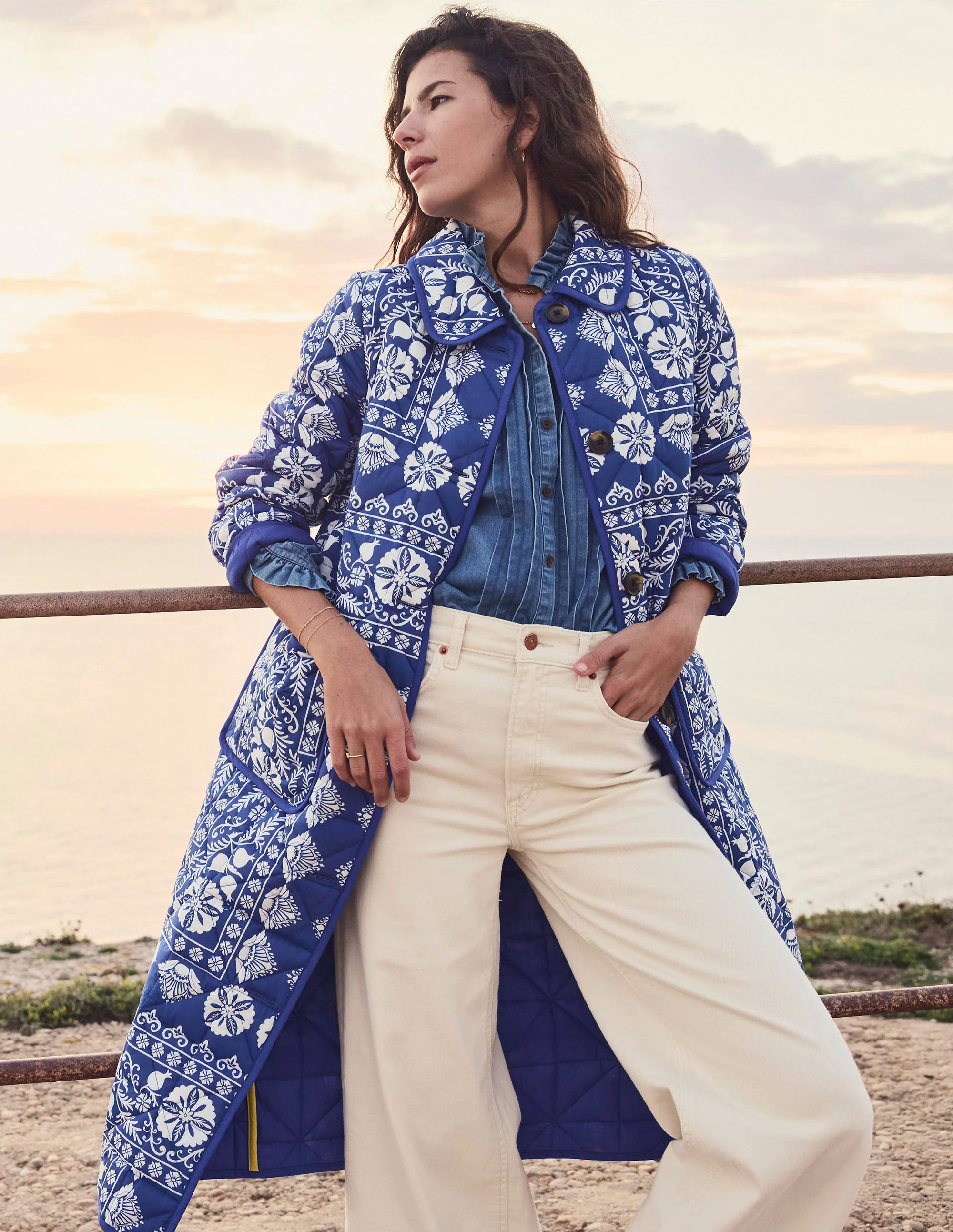 Soft Quilted Coat-Bright Blue, Ornate Border Soft Quilted Coat-Bright Blue, Ornate Border
