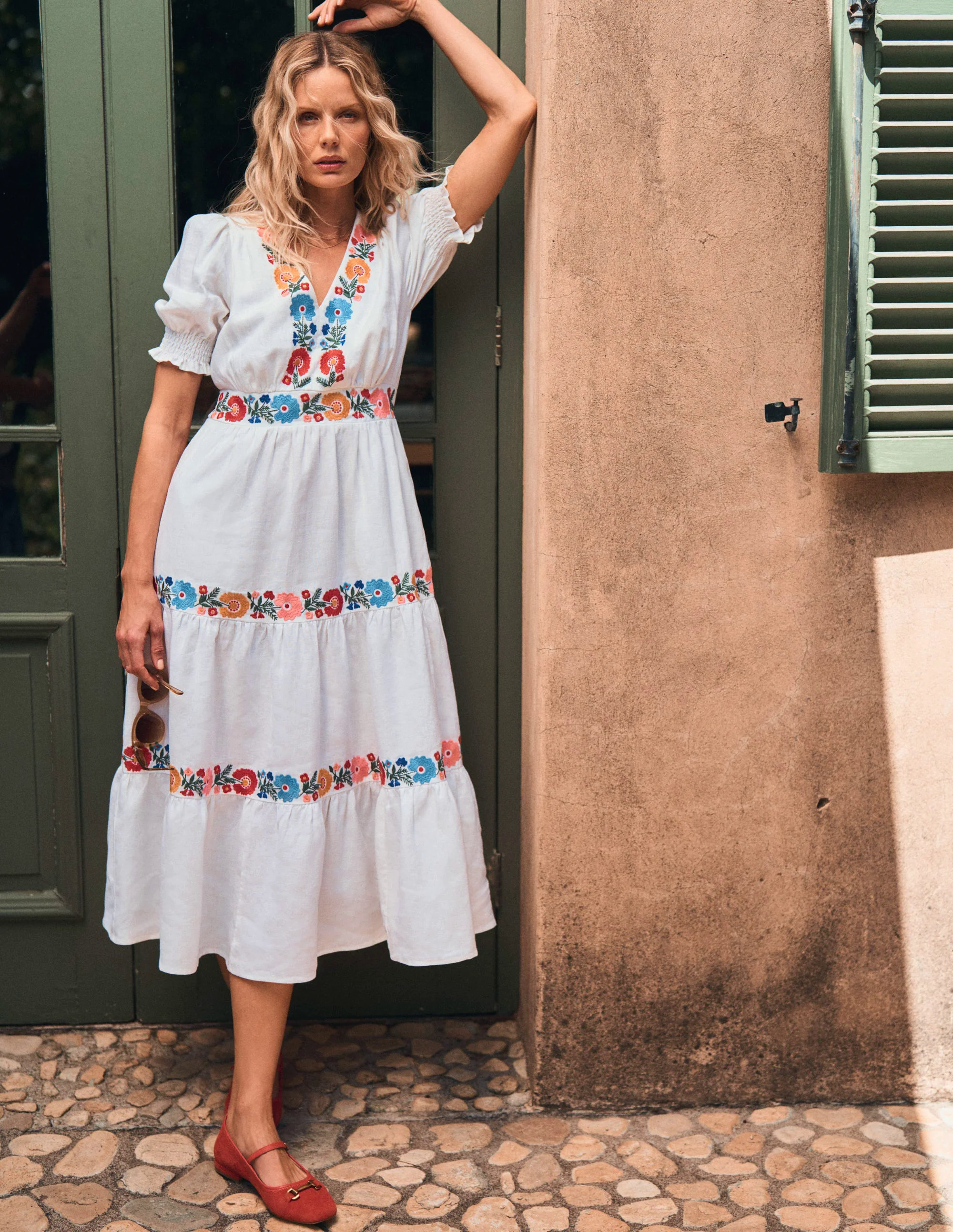  Linen Tiered Midi Dress-White, Multi Embroidery