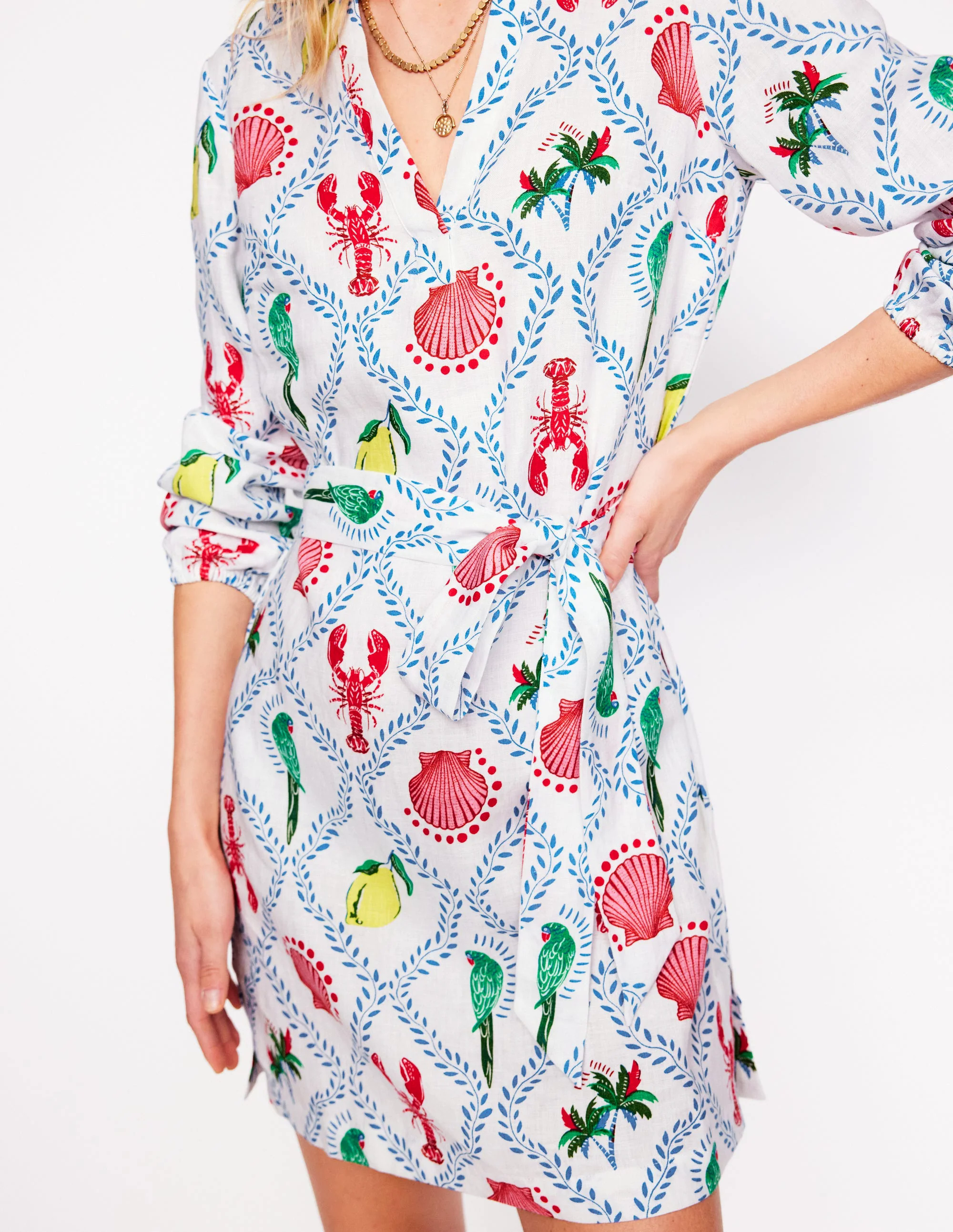  Linen Tie Waist Dress-Ivory, Tropical Bonanza Vine
