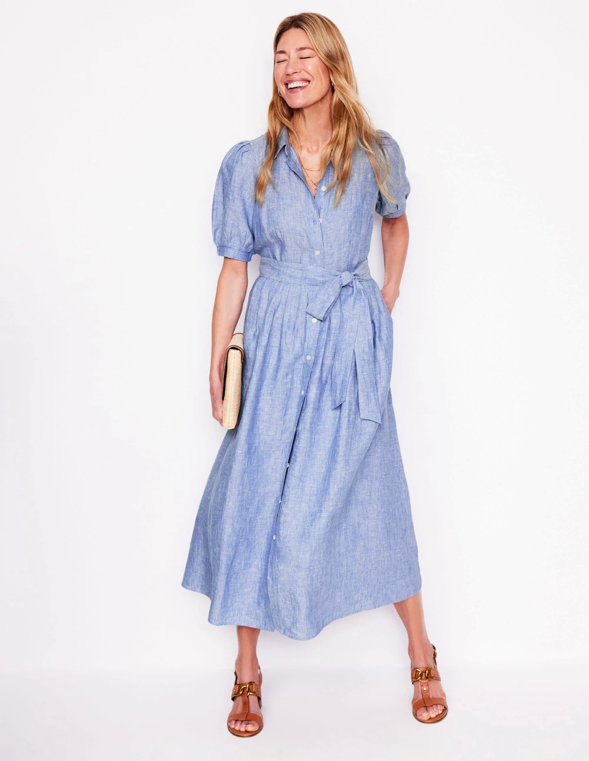  Linen Maxi Shirt Dress-Grey Blue Chambray
