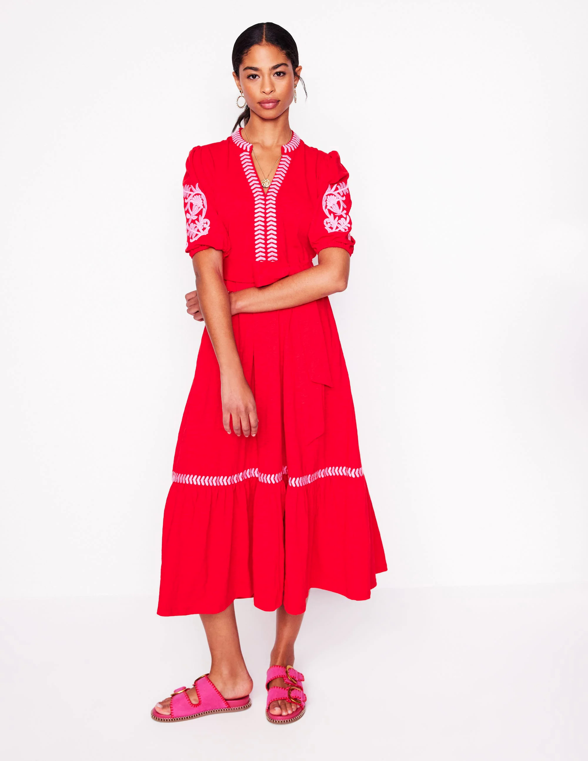  Embroidered Jersey Dress-Poppy Red, Pink Peony