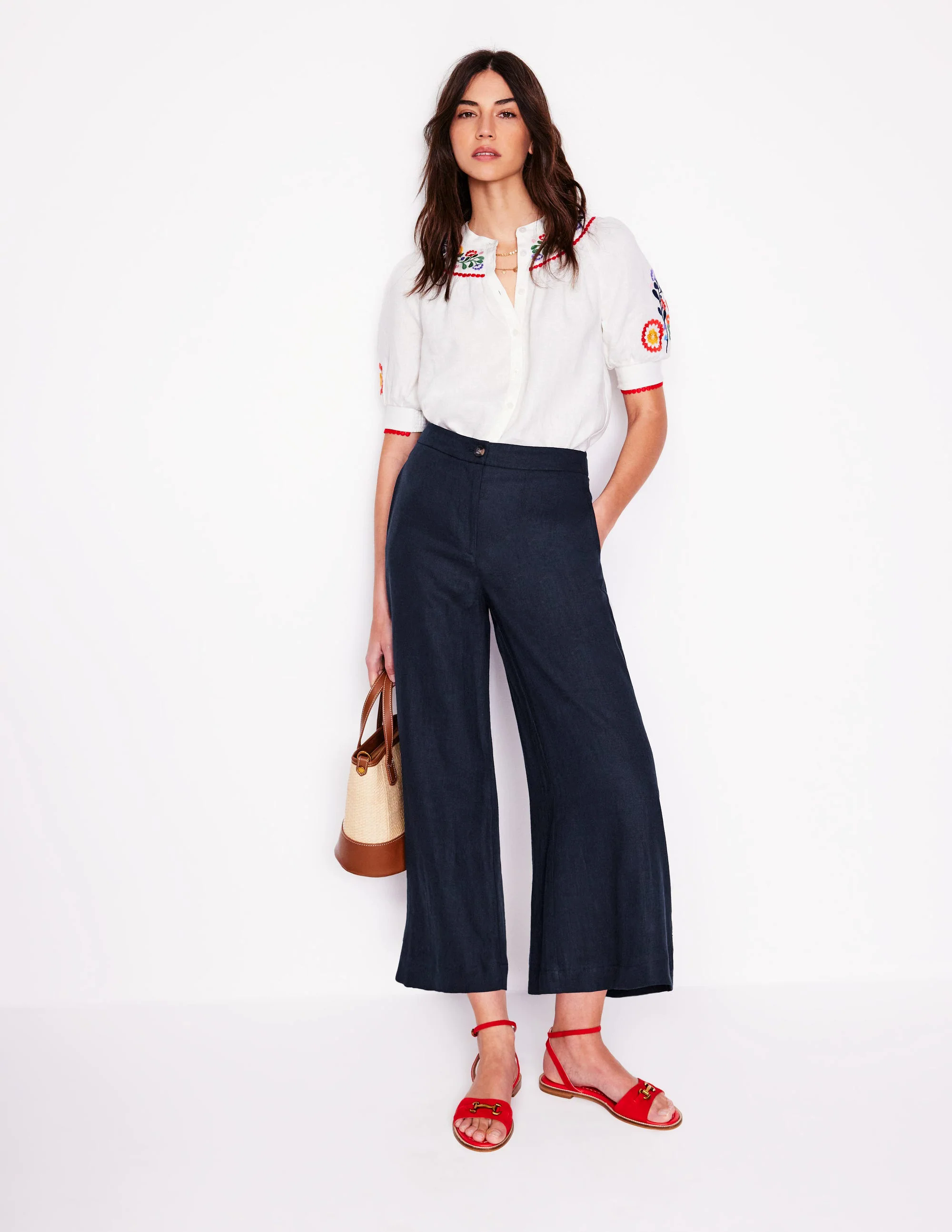 Wide Crop Linen Pants-Navy Wide Crop Linen Pants-Navy