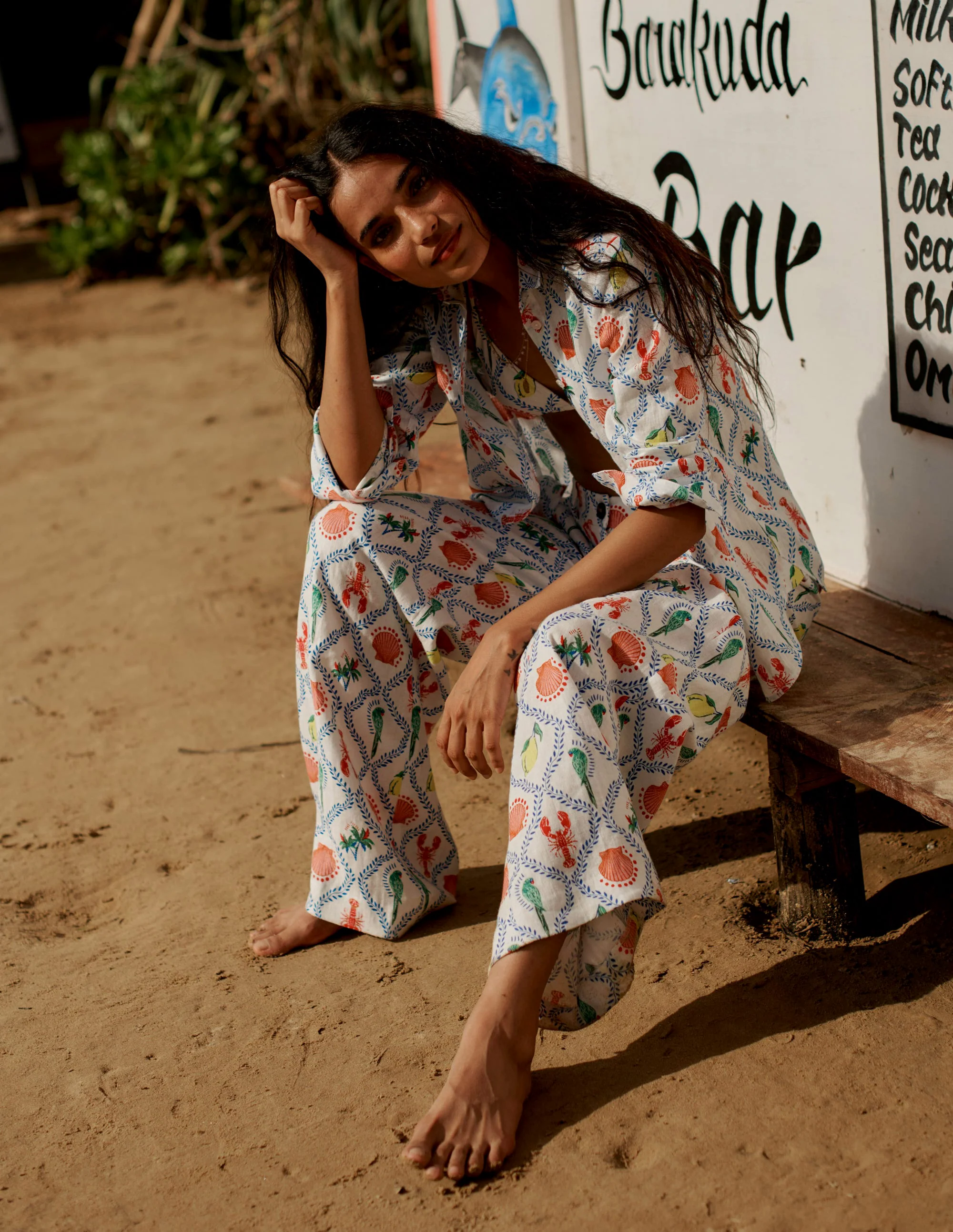 Linen Pants-Ivory, Tropical Bonanza Vine
