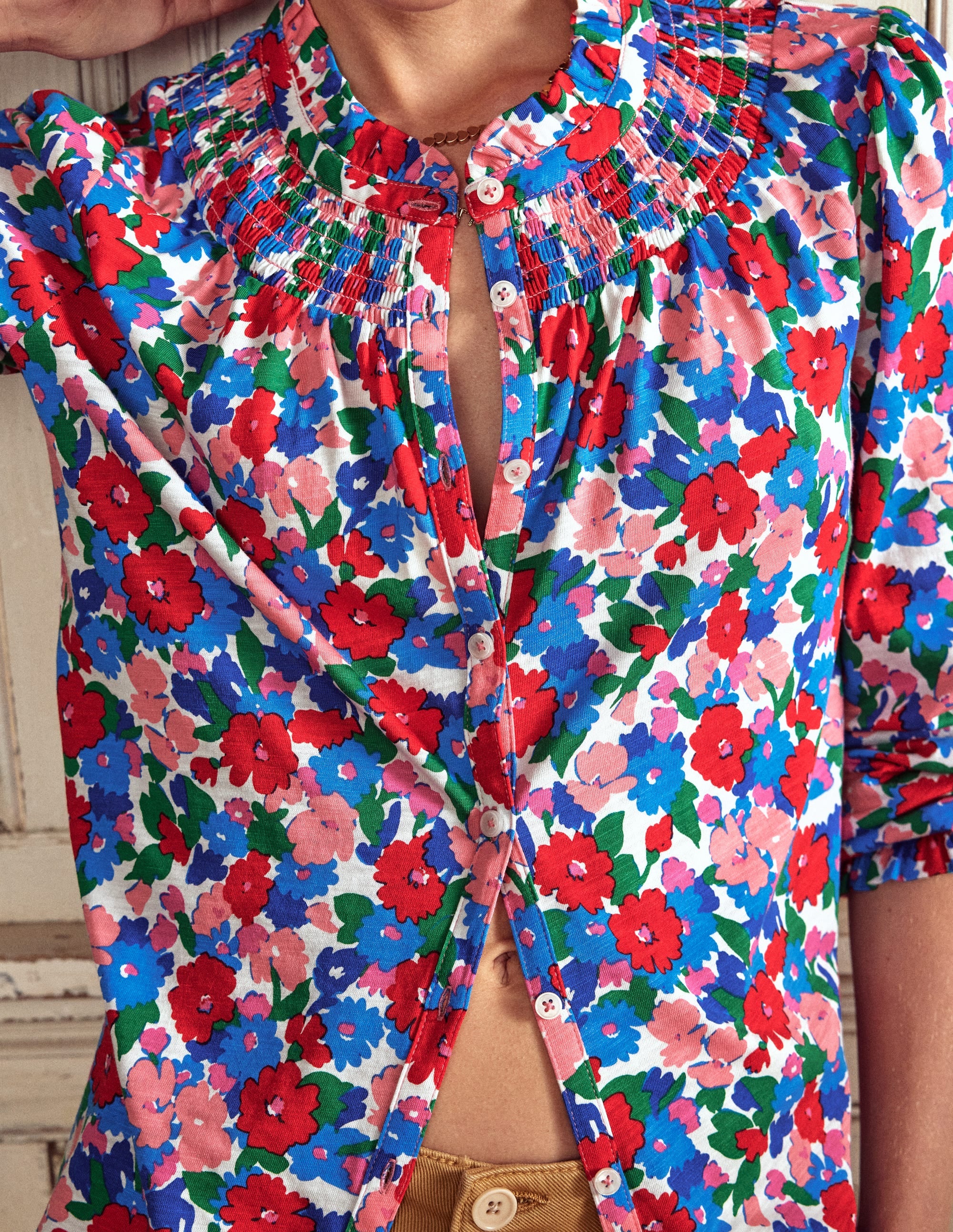 Smocked Jersey Shirt-Multi, Painterly Meadow